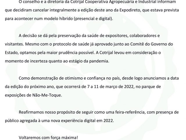 URGENTE: Expodireto 2021 está cancelada